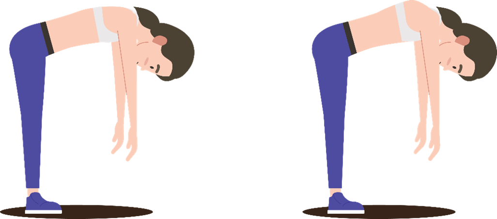 Twee getekende personen hangen voorover: links is de rug recht, rechts is de rug scheef door scoliose