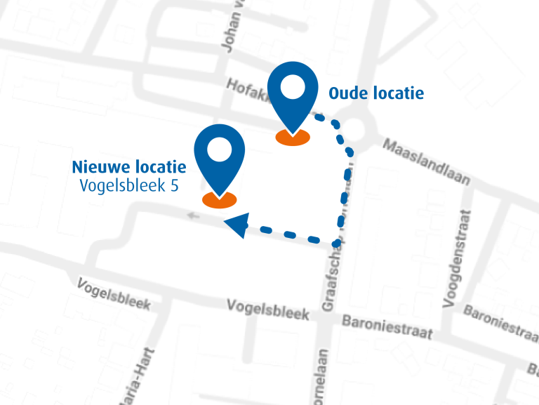 Plattegrondje waarop de oude en nieuwe locatie van onze GGD staat